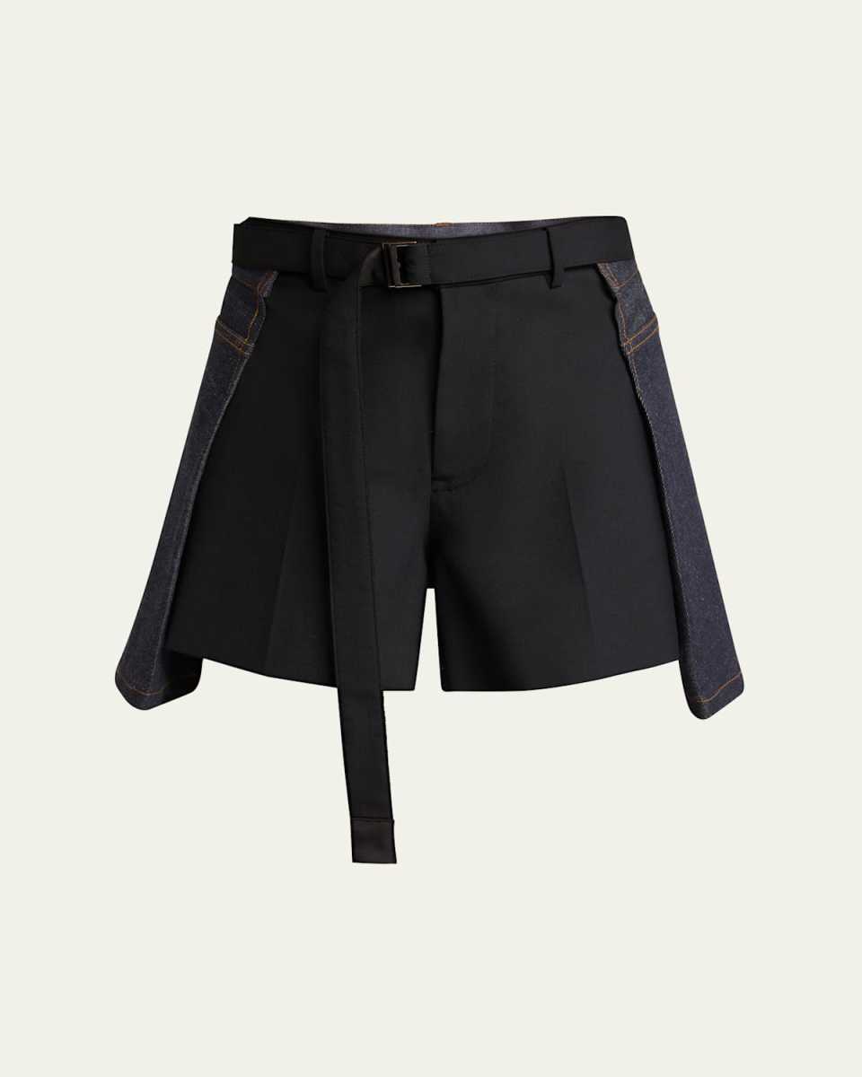Belted Suiting Denim Mini Shorts